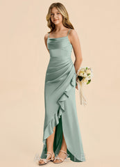 Azazie Mia Junior Agave Mermaid Pleated Stretch Satin Dress agave