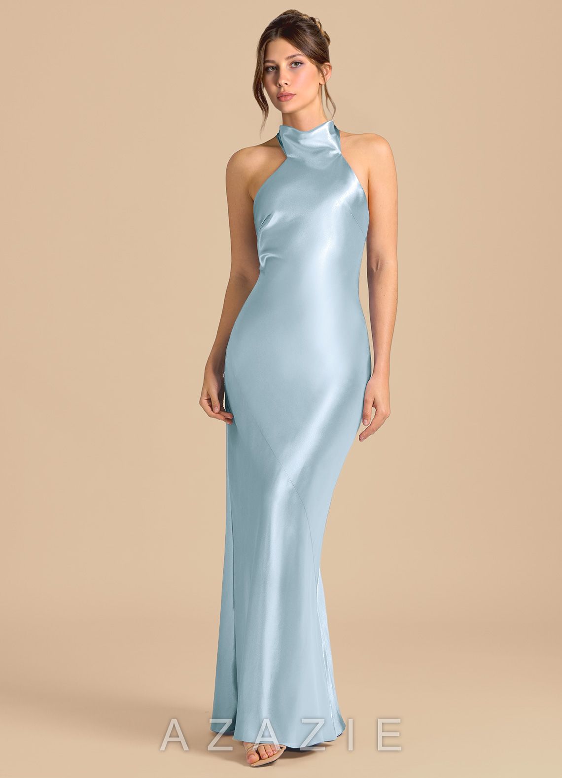 Azazie Velli Sky Blue Sheath High Neck Metallic Satin Dress sky_blue
