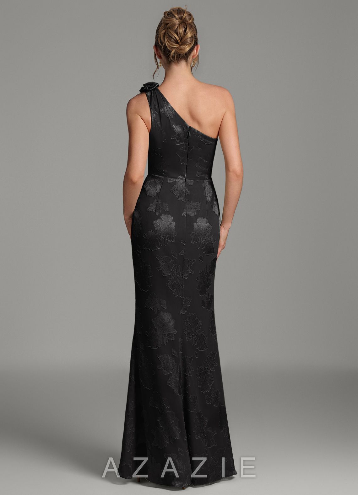 Azazie Yanie Black Mermaid One Shoulder Floral Jacquard Burnout Dress black