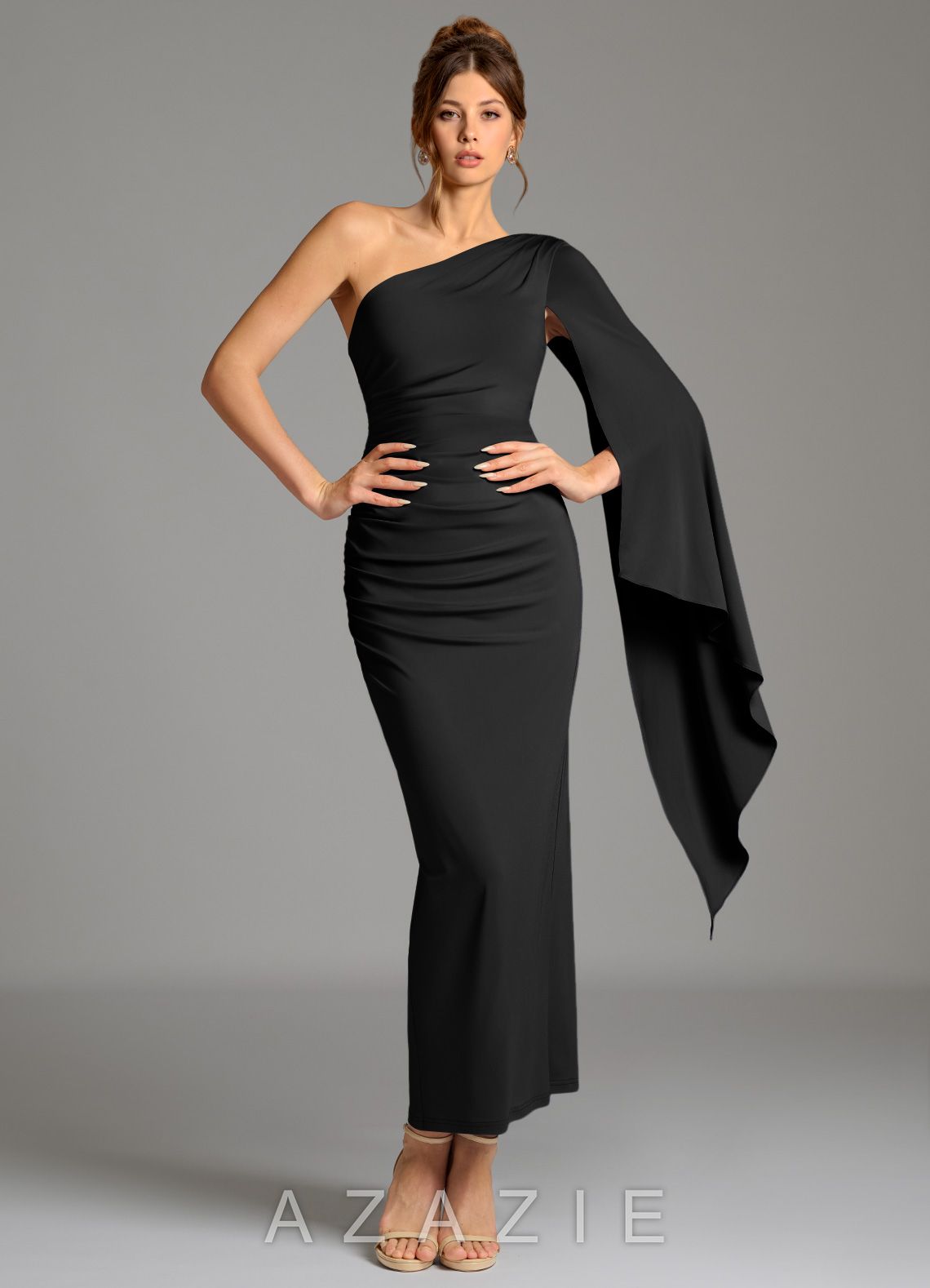Azazie Jana Black Sheath Long Sleeve Premium Stretch Jersey Dress black