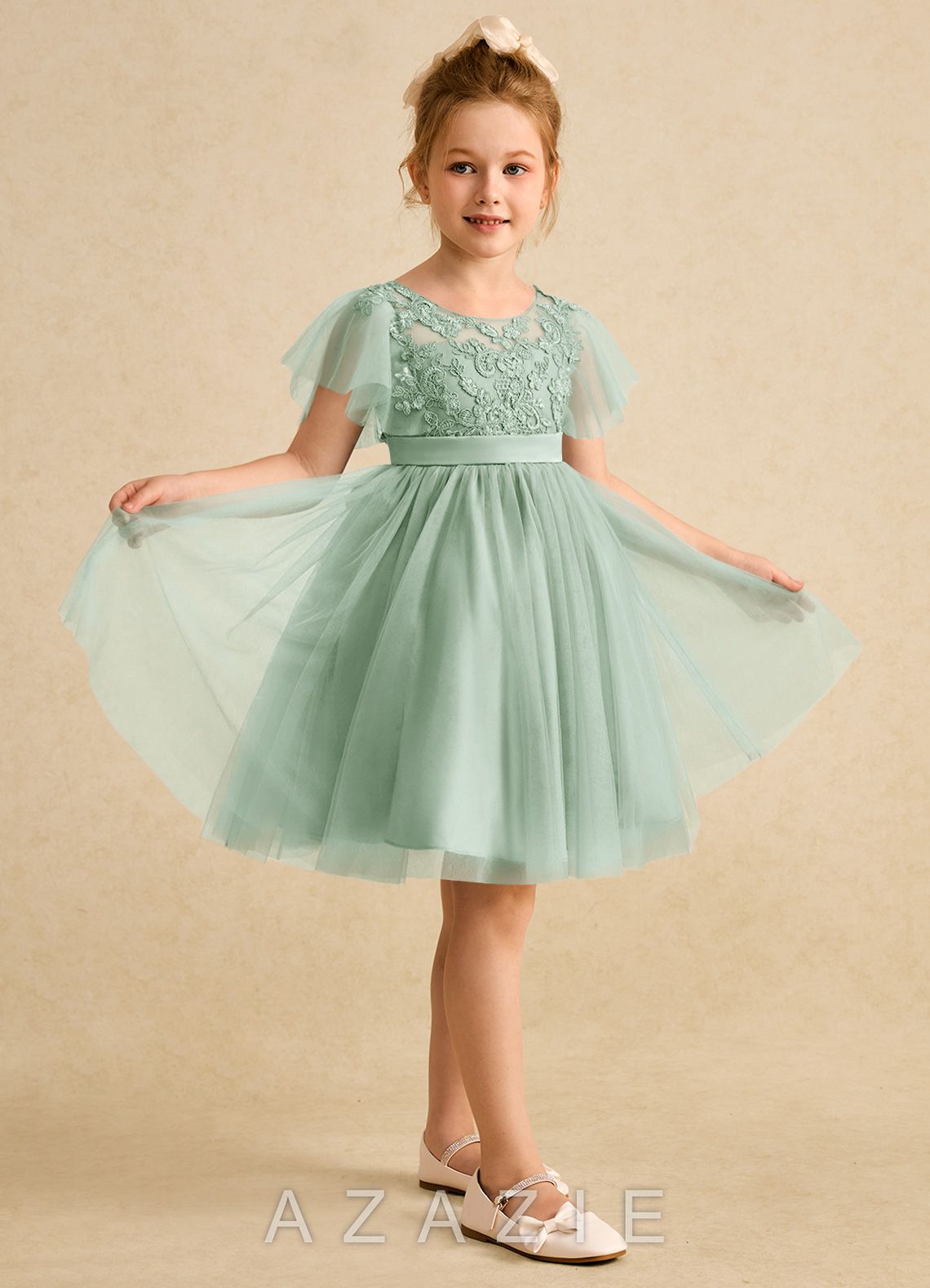 Azazie Queenie Agave A-Line Lace Dress agave