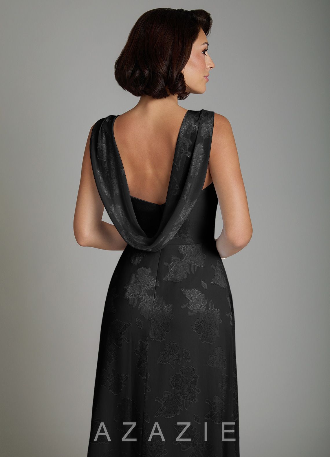 Azazie Aria Black A-Line Pleated Floral Jacquard Burnout Dress black