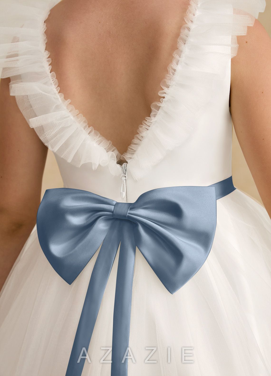 Azazie Amber Ivory Dusty Blue A-Line Bow Tulle Dress ivory/dusty_blue