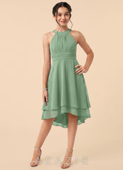 Azazie Linna Junior Matcha A-Line Pleated Chiffon Dress