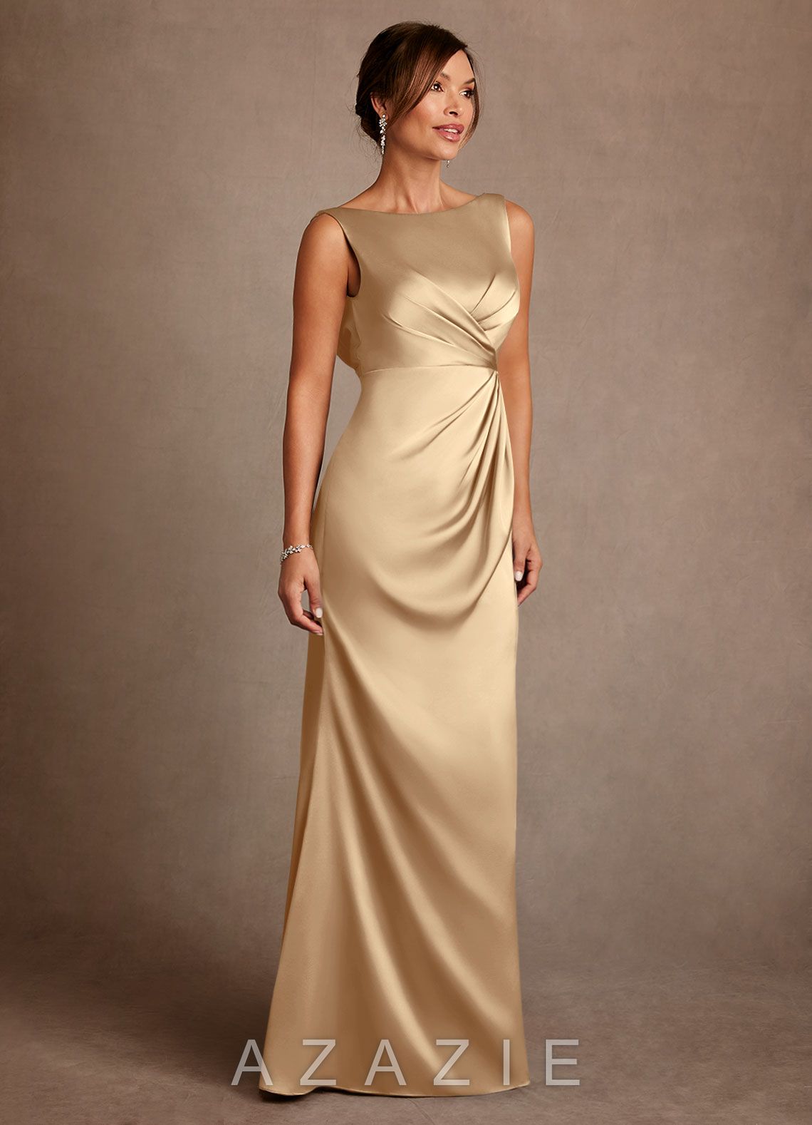 Azazie Baltimore Champagne A-Line Pleated Stretch Satin Dress champagne