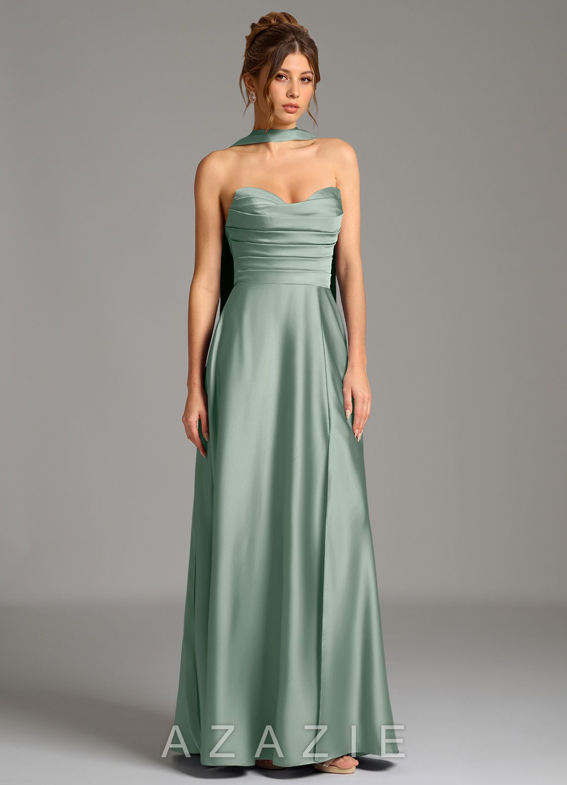 Azazie Ayla Agave A-Line Corset Stretch Satin Dress agave