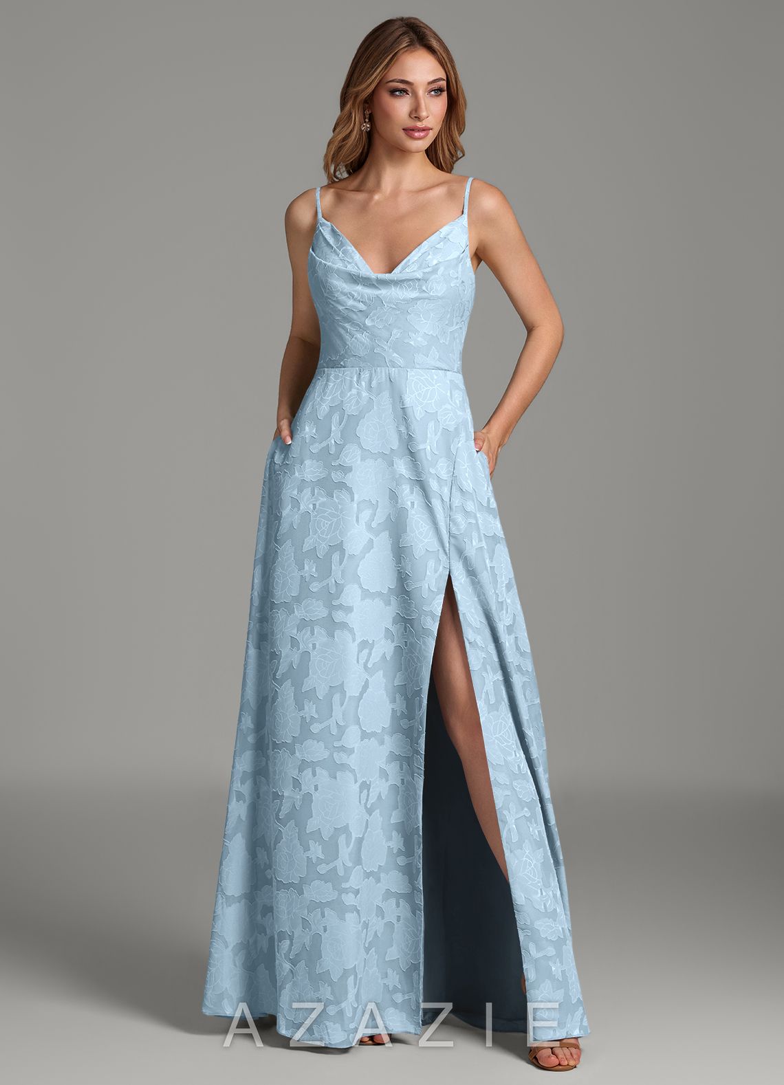Azazie Sarella Sky Blue A-Line Pleated Floral Burnout Dress sky_blue