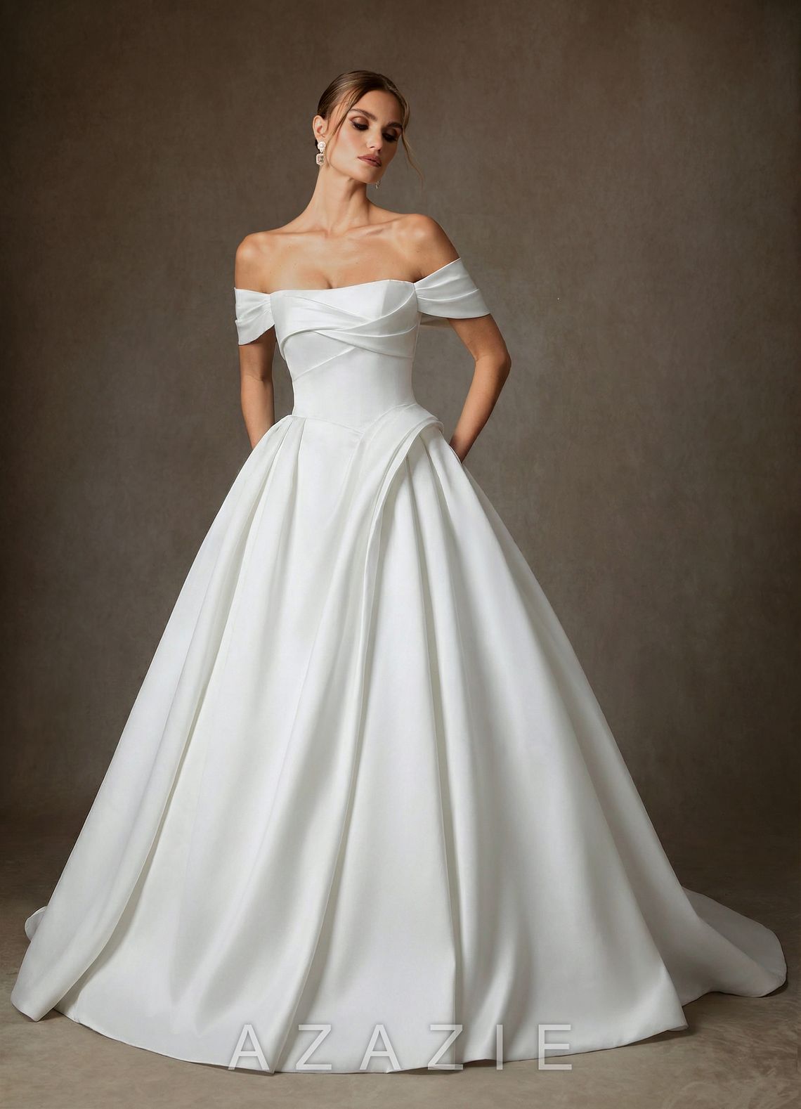 Azazie Suki Diamond White Ball-Gown Off the Shoulder Satin Dress
