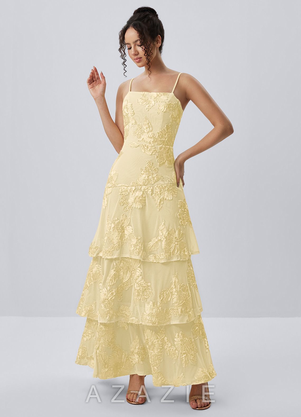 Araceli Lemon Sorbet Stretch 3D Flowers Lace Maxi Dress