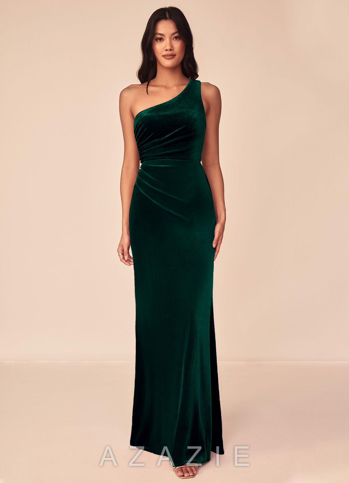 Azazie Argan Emerald Mermaid One Shoulder Pleated Velvet Dress