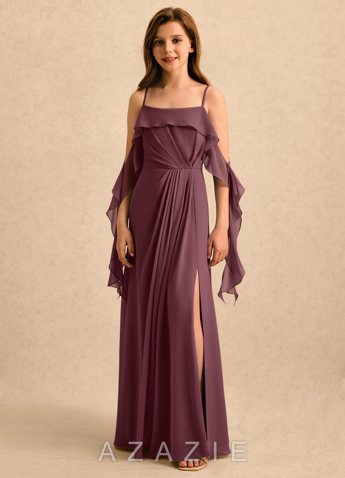 Azazie Ameena Girls Formal Sangria A-Line Ruched Chiffon Dress sangria