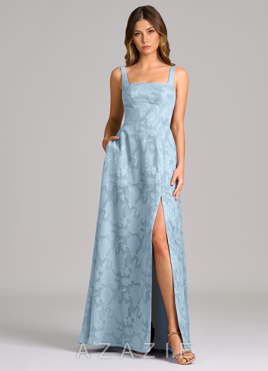Azazie Debra Sky Blue A-Line with Pockets Floral Burnout Dress sky_blue
