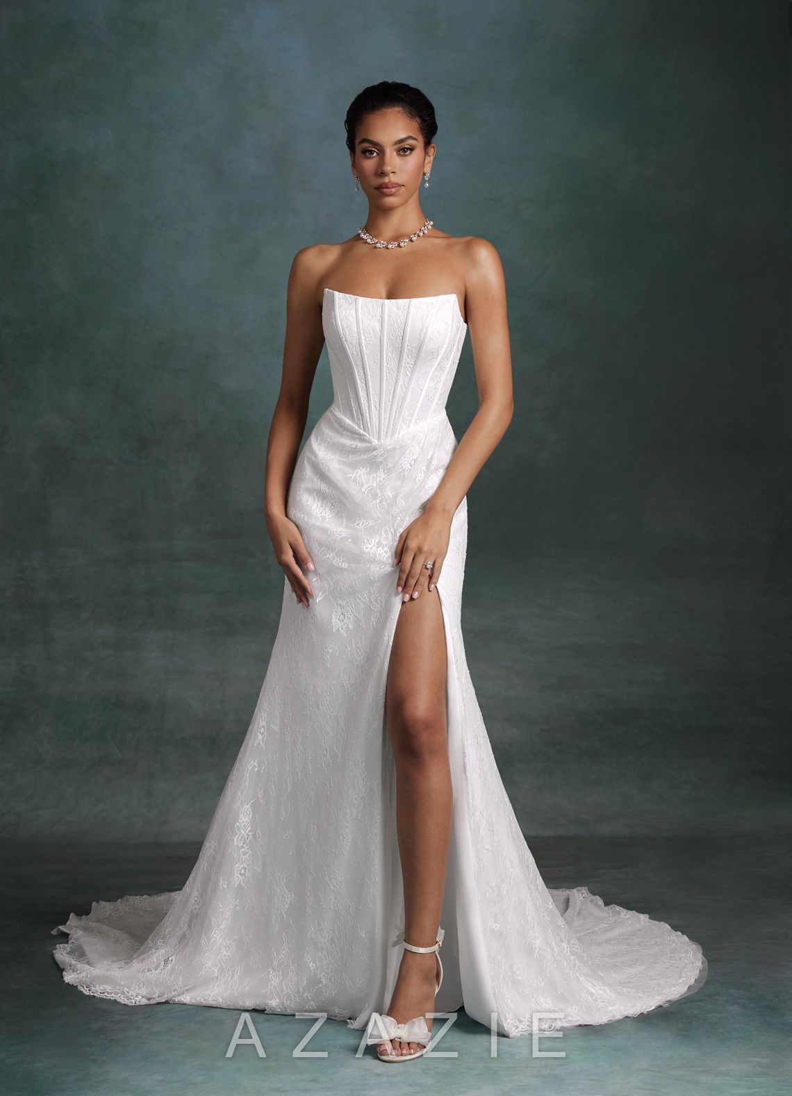 Azazie Zelda Diamond White Mermaid Side Slit Lace Dress diamond_white