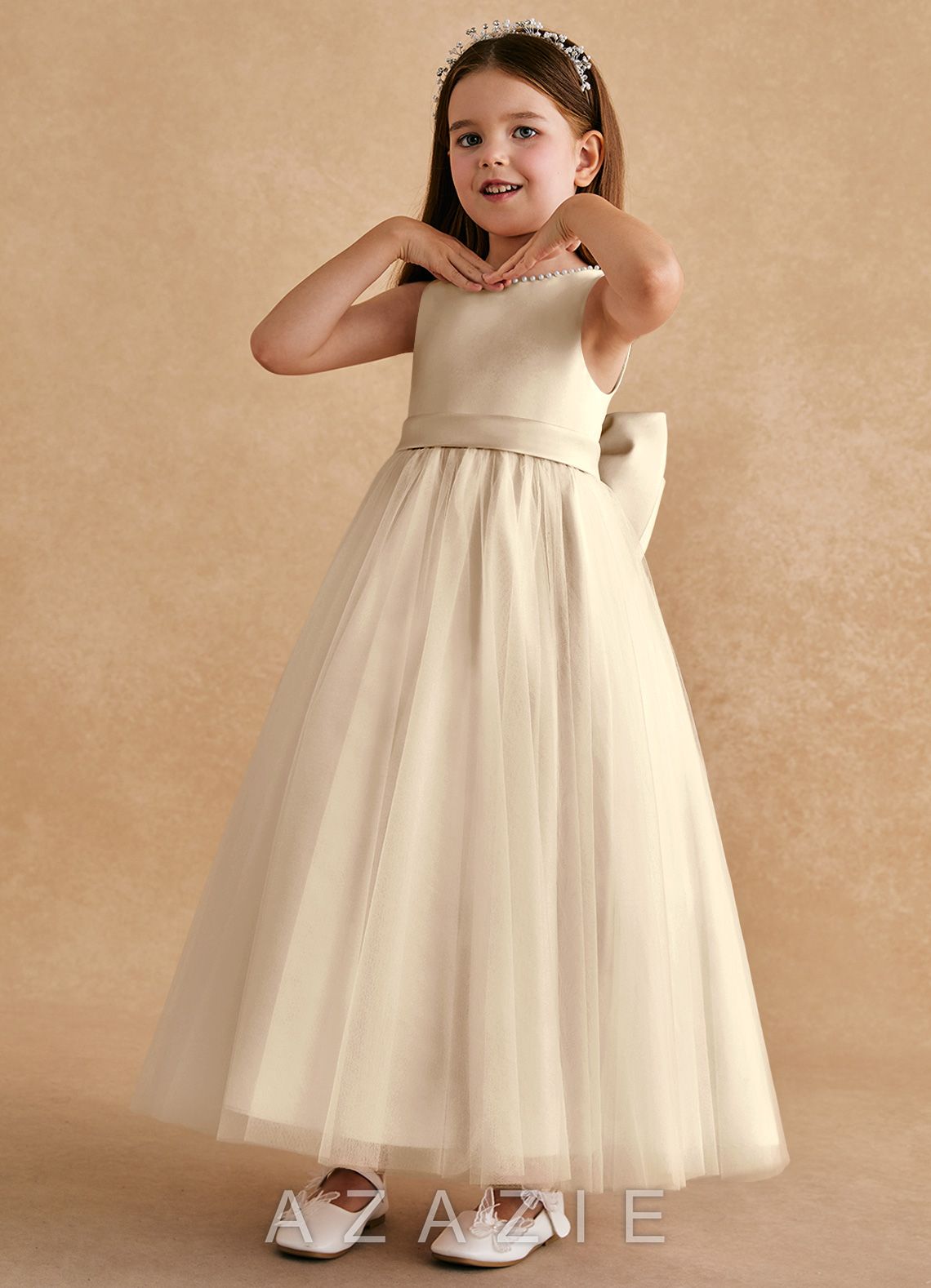 Azazie Cookie Champagne A-Line Bow Tulle Dress champagne