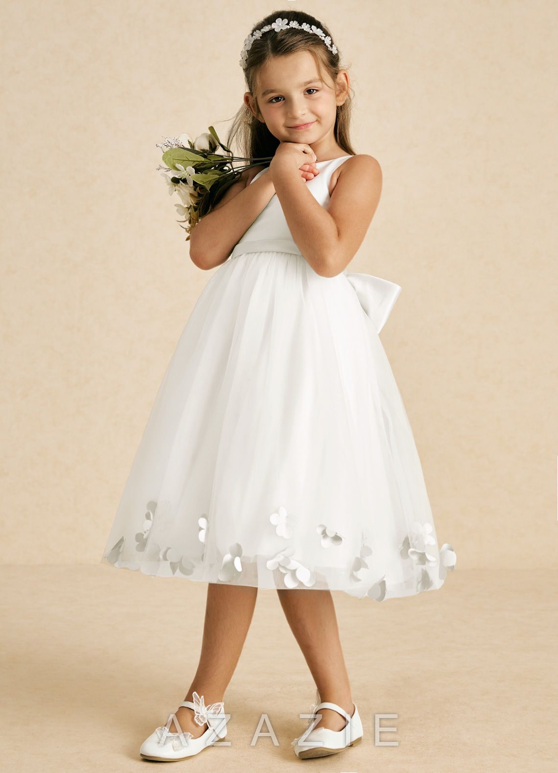 Azazie Dot Ivory A-Line Bow Tulle Dress ivory