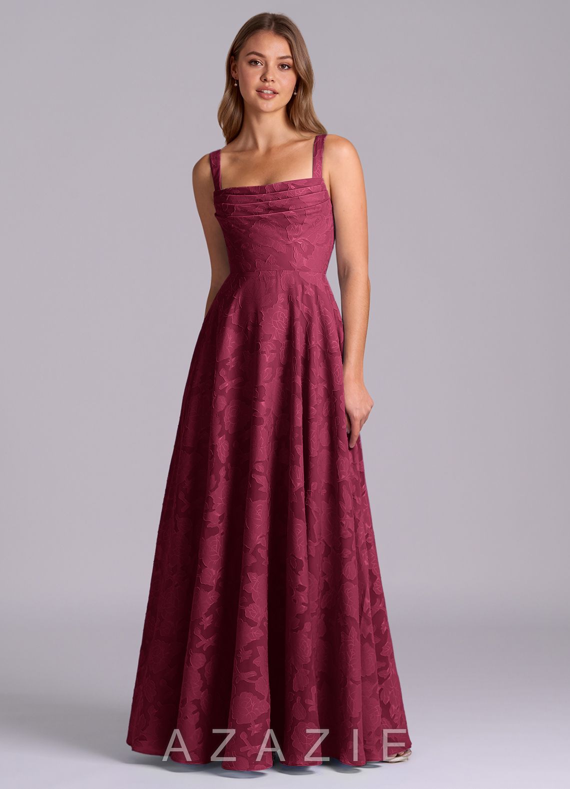 Azazie Shaude Burgundy A-Line Pleated Floral Burnout Dress burgundy
