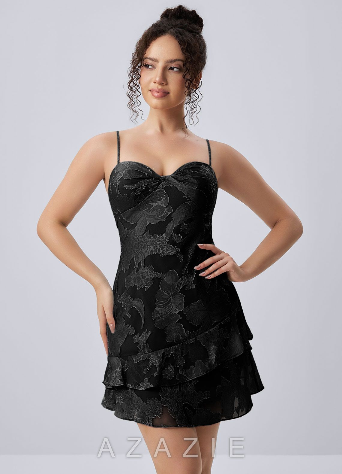 Hortense Black Spaghetti Strap Floral Ruffle Open Back Mini Dress