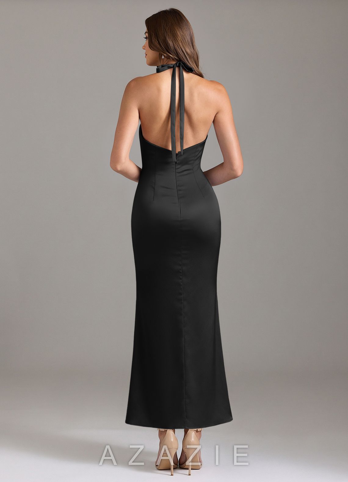Azazie Valerie Black Mermaid Pleated Stretch Satin Dress black