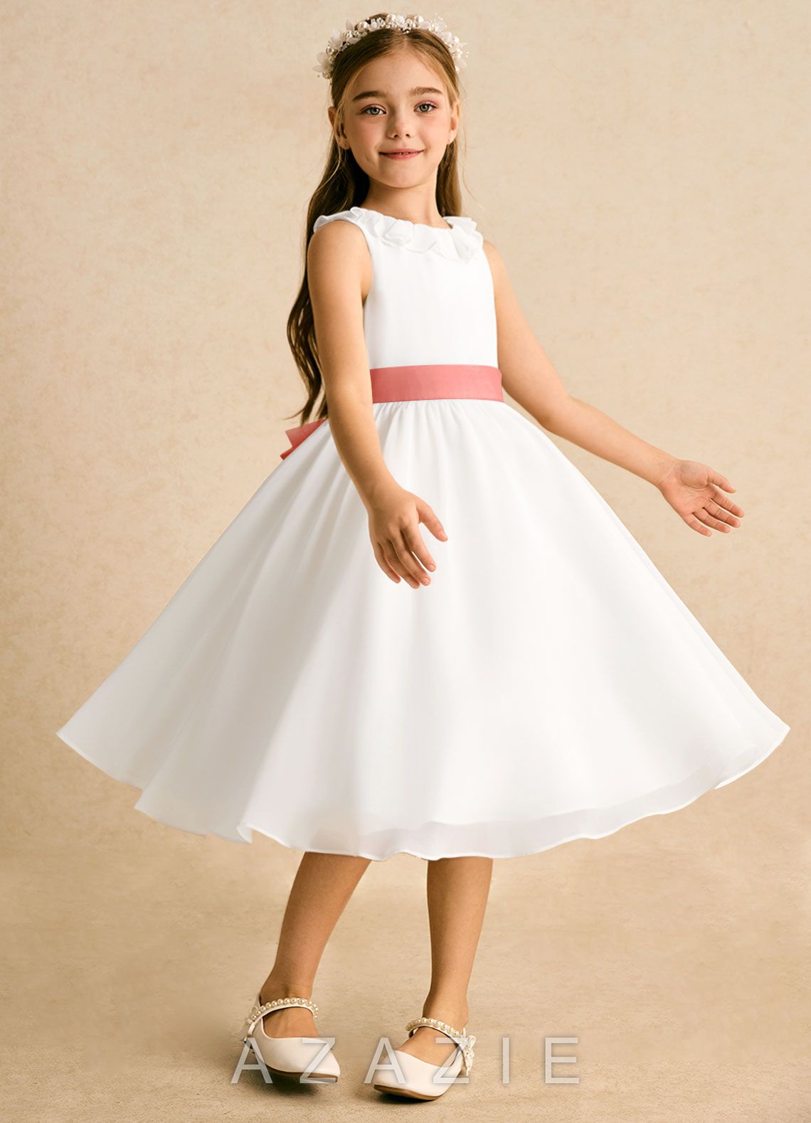Azazie Dani Ivory Salmon Pink A-Line Bow Chiffon Dress ivory/salmon_pink