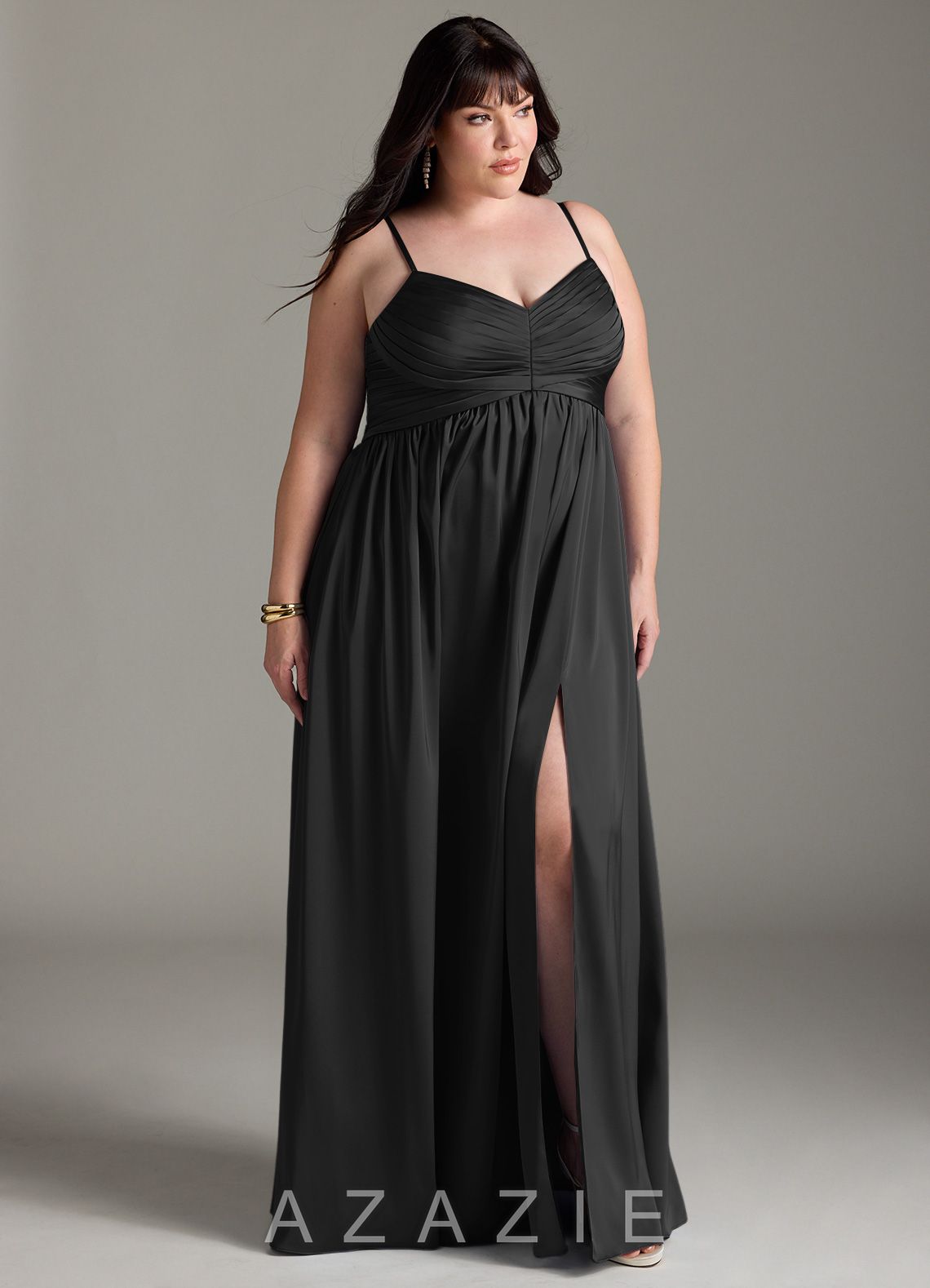 Azazie Alia Black A-Line Pleated Stretch Satin Dress black