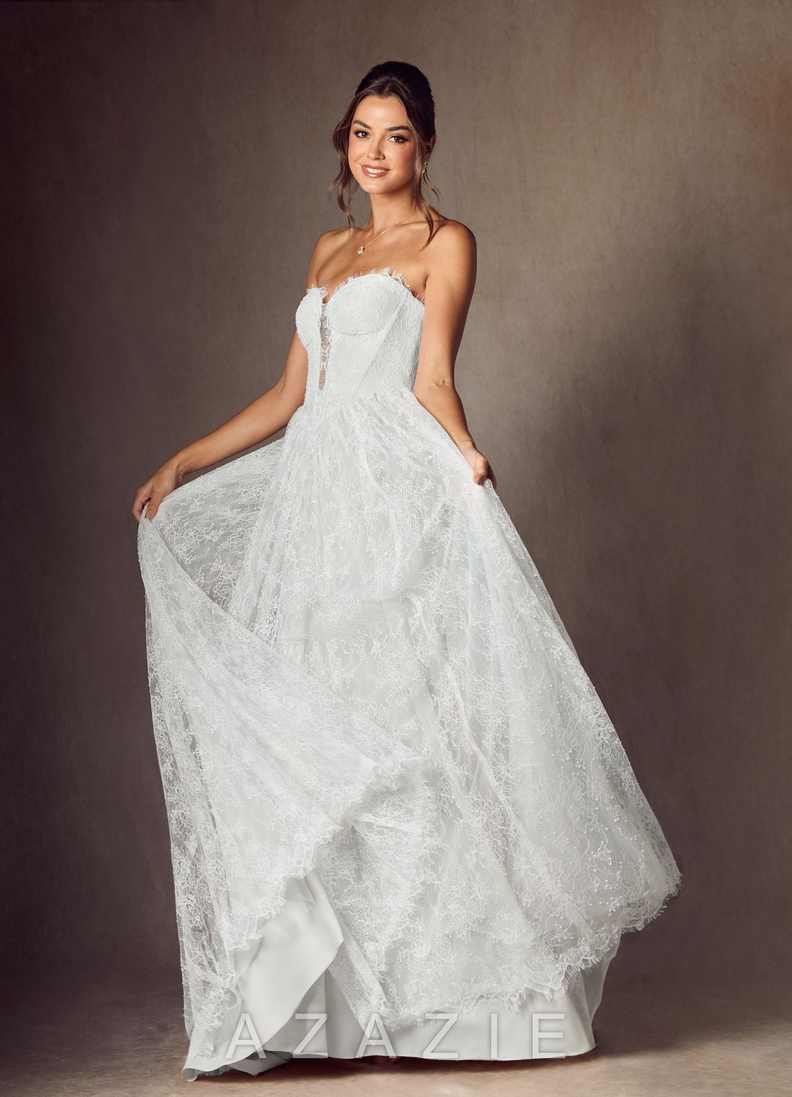 Azazie Lorena Diamond White A-Line Strapless Lace Dress