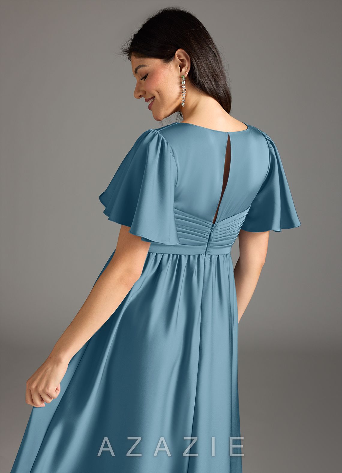 Azazie Verna A-Line Ruched Stretch Satin Floor-Length Dress bermuda