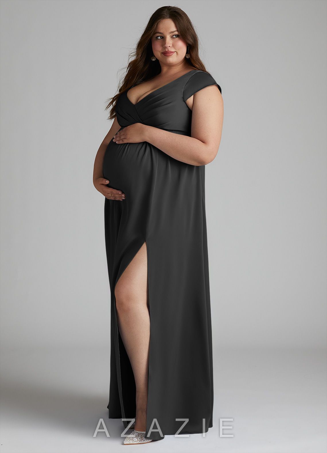 Azazie Allessia Stretch Satin Dress A-Line Pleated Stretch Satin Floor-Length Dress black