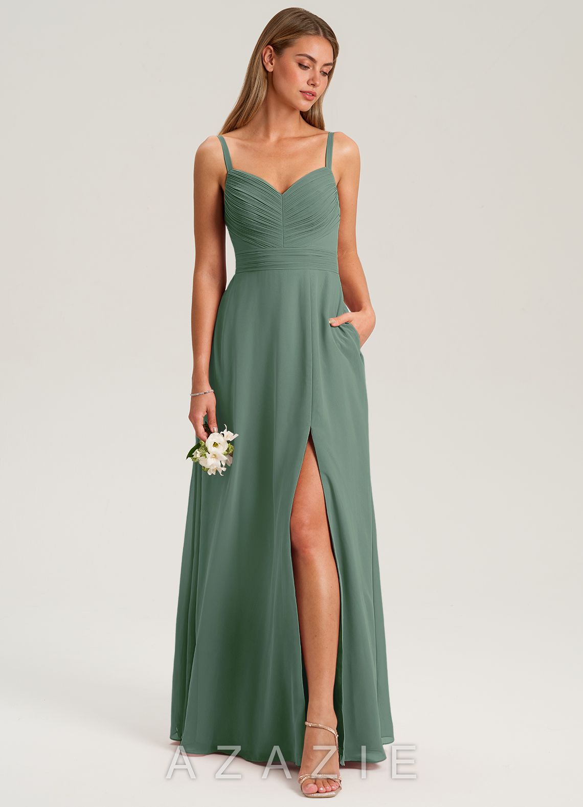Azazie Terese Eucalyptus A-Line Pleated Chiffon Dress eucalyptus