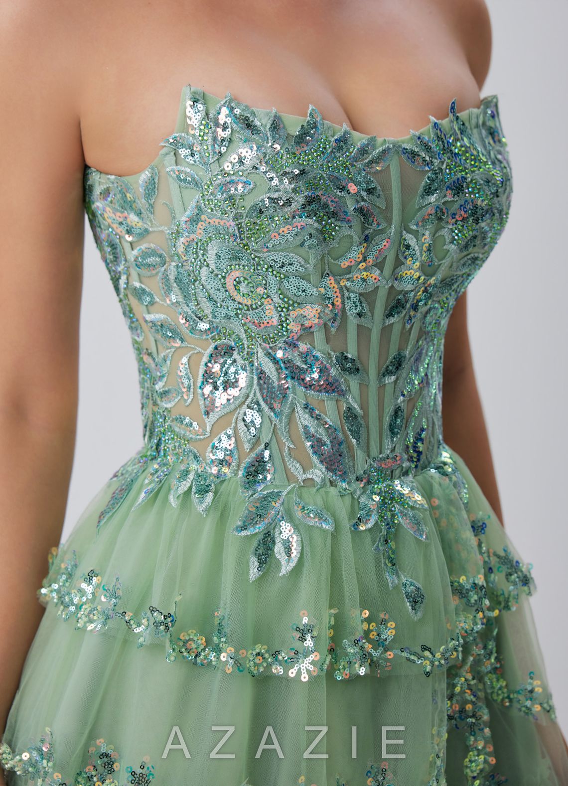 Esmayabella Sage Sequin Embroidery Beading Ruffles Corset Tulle Mini Dress