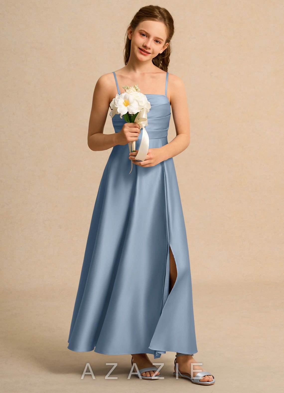 Azazie Pebbles Girls Formal Dusty Blue A-Line Pleated Matte Satin Dress dusty_blue