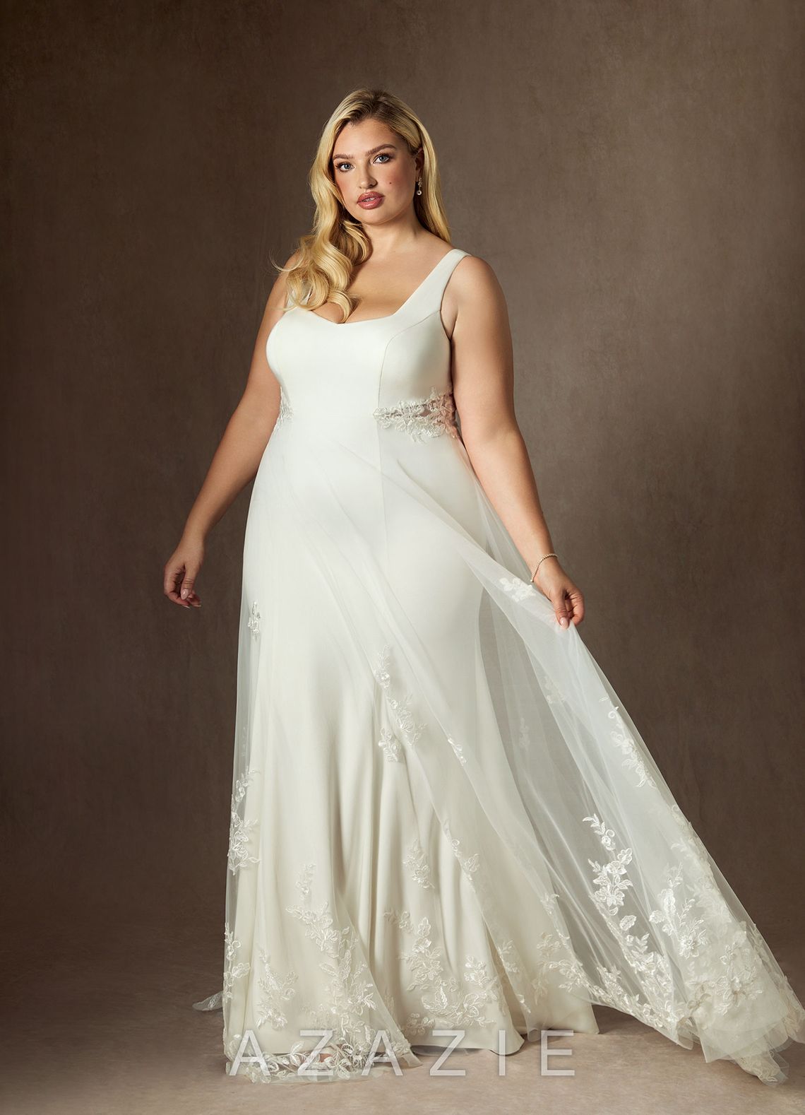Azazie Ebony Wedding Dress Cream A-Line Sequins Crepe Back Satin Dress cream