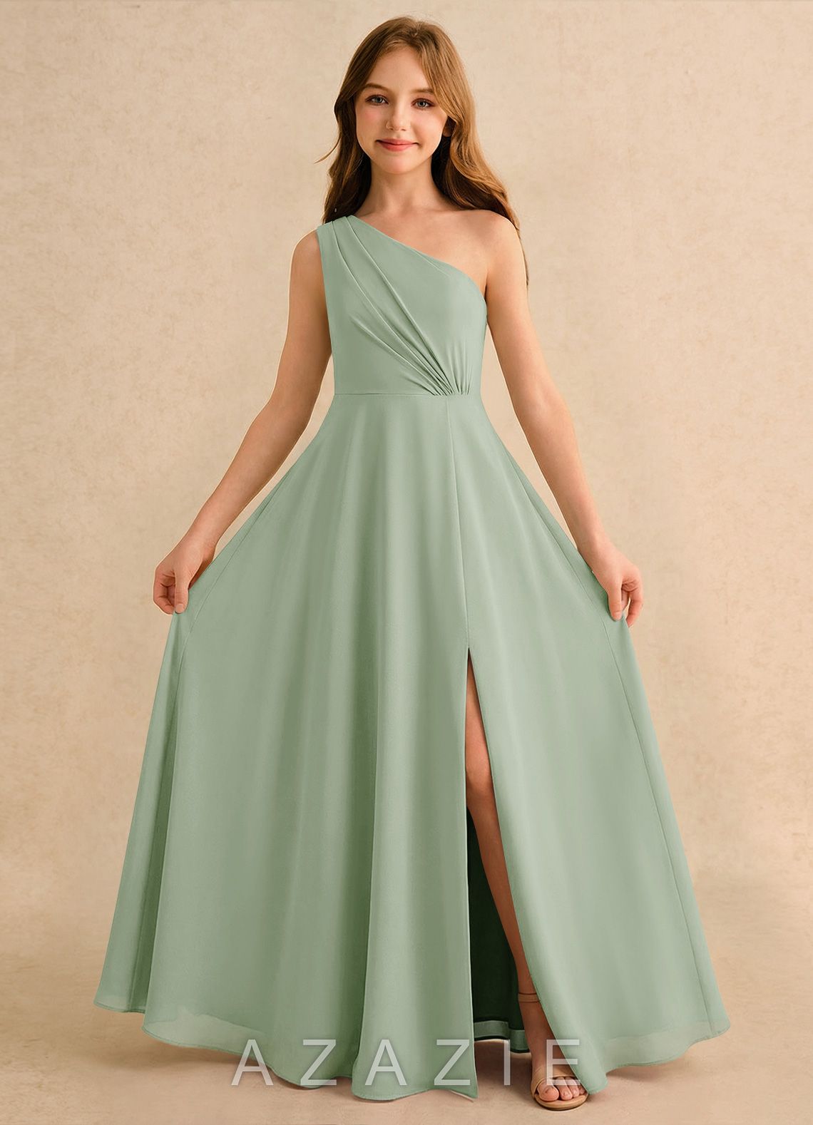 Azazie Puddles Girls Formal Dusty Sage A-Line One Shoulder Chiffon Dress dusty_sage