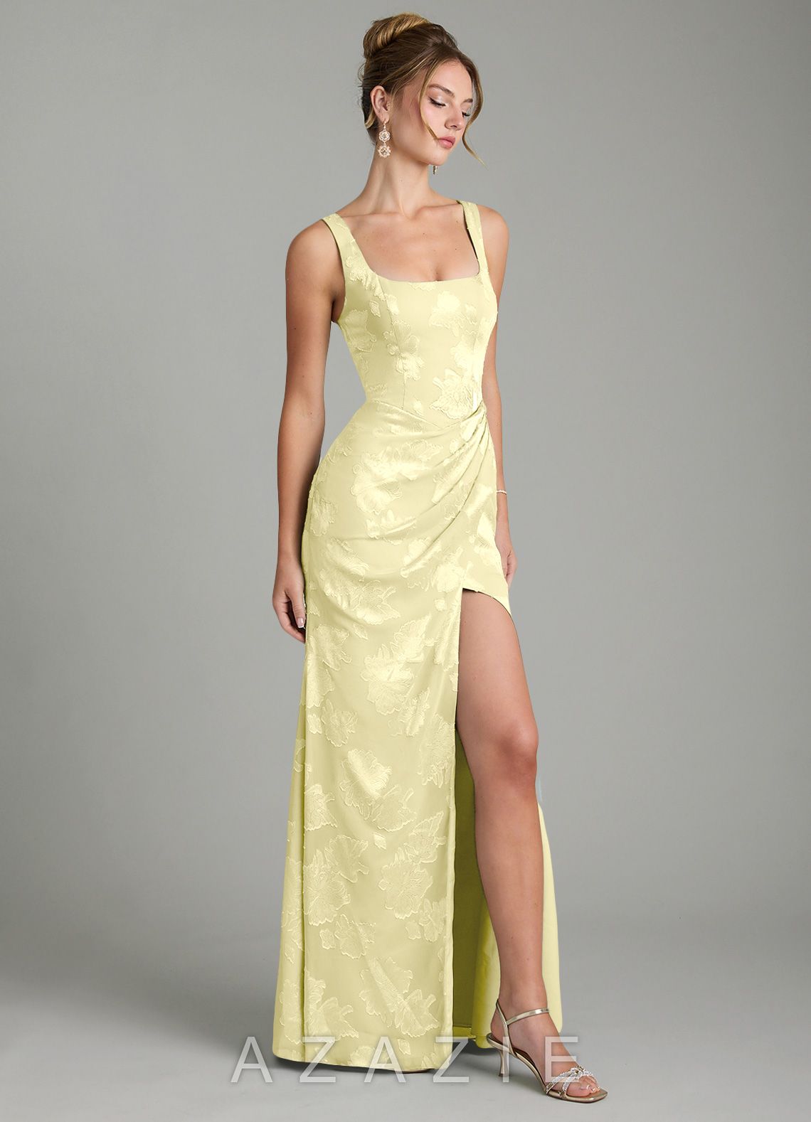 Azazie Mero Lemon Sorbet Mermaid Pleated Floral Jacquard Burnout Dress lemon_sorbet