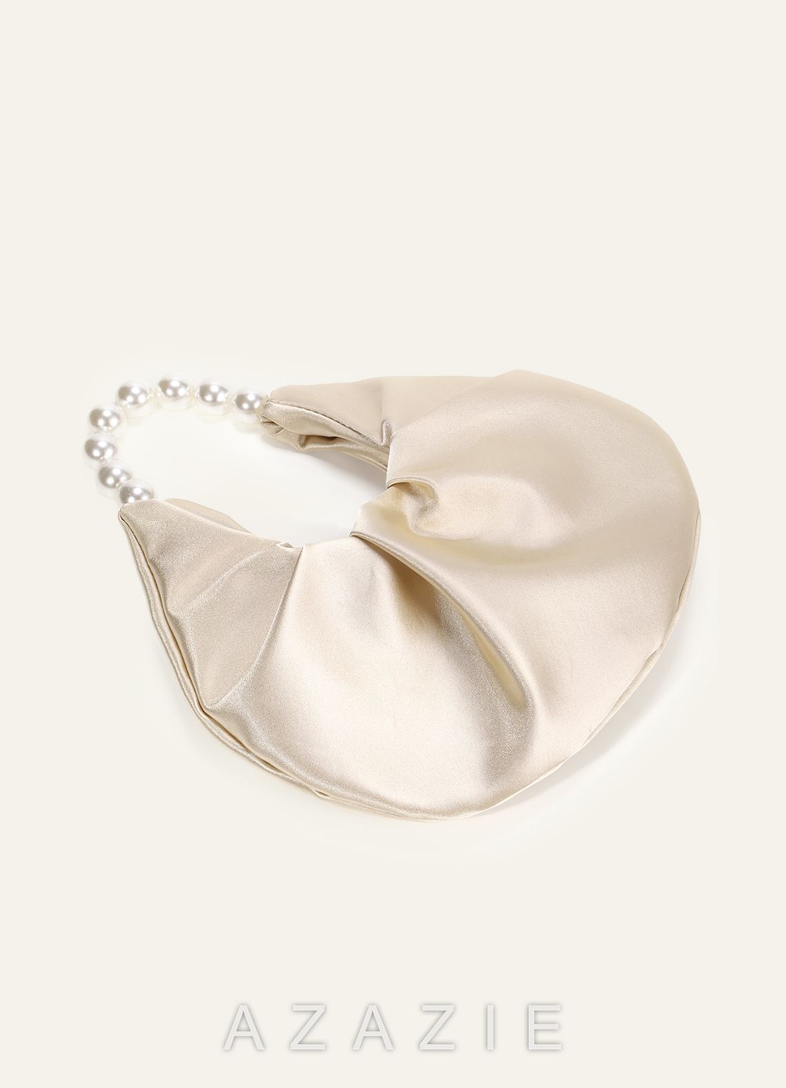 Satin Pearl Handle Ruched Handbag  champagne