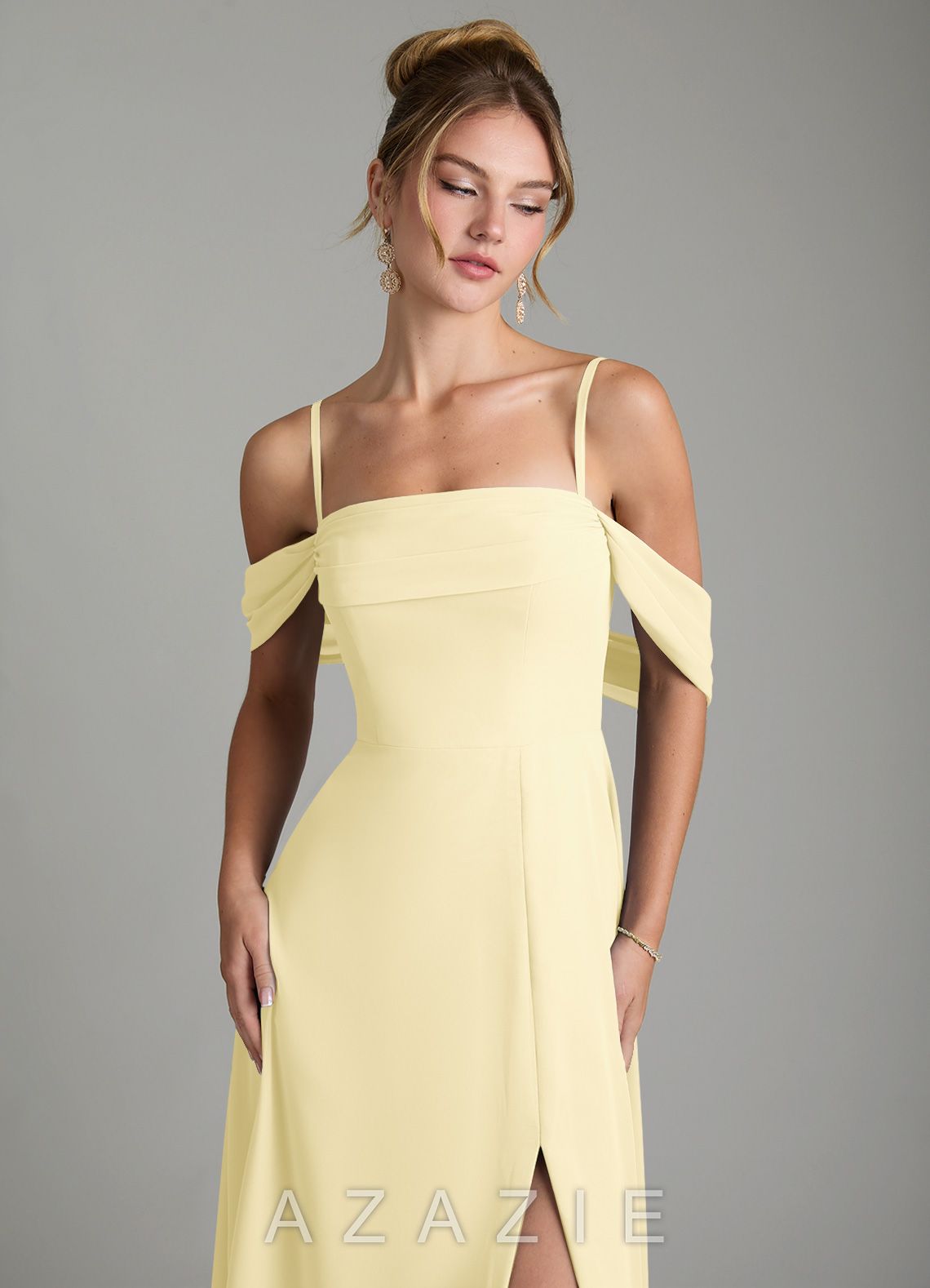 Azazie Mercedes Lemon Sorbet A-Line Off the Shoulder Chiffon Dress lemon_sorbet