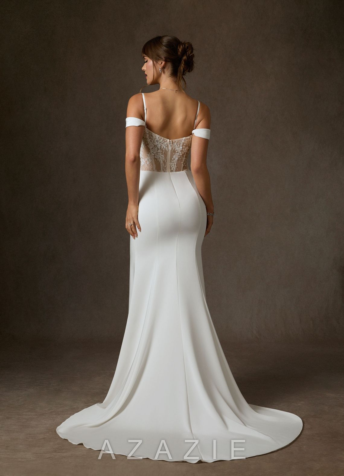 Azazie Alyce Diamond White Nude Mermaid Off the Shoulder Crepe Back Satin Dress