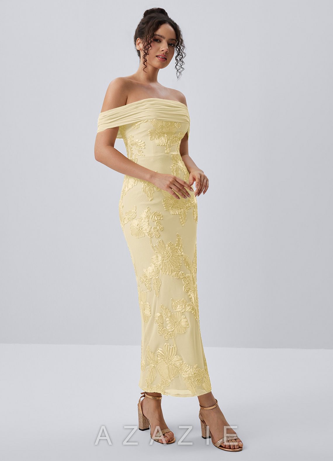Berenice Lemon Sorbet 3D Floral Lace Off Shoulder Maxi Dress