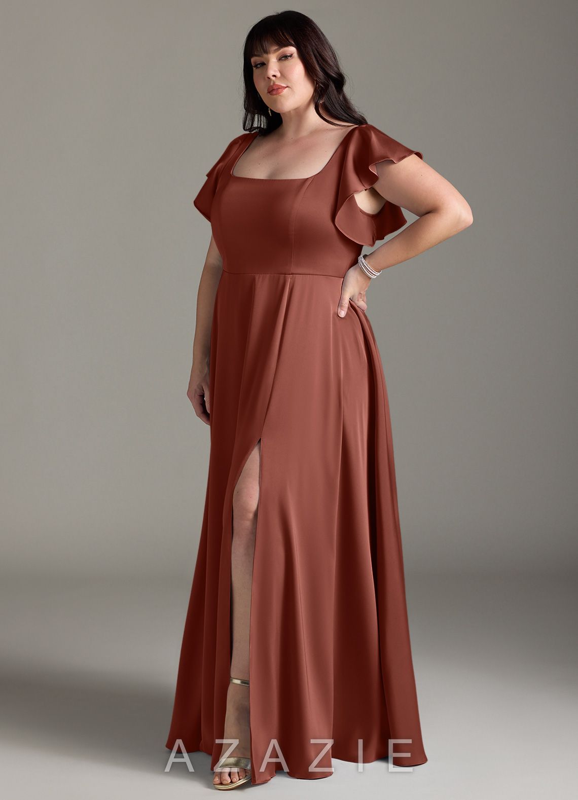Azazie Bondi Auburn A-Line Bow Stretch Satin Dress auburn