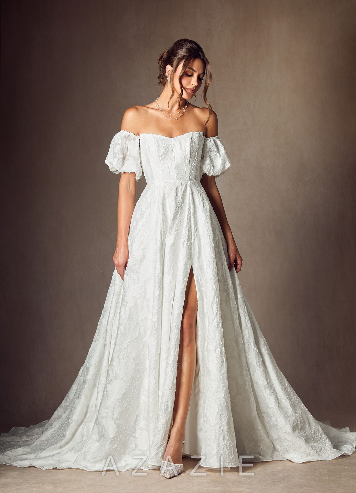 Azazie Gladiola Diamond White Ball-Gown Sweetheart Neckline Floral Burnout Jacquard Dress