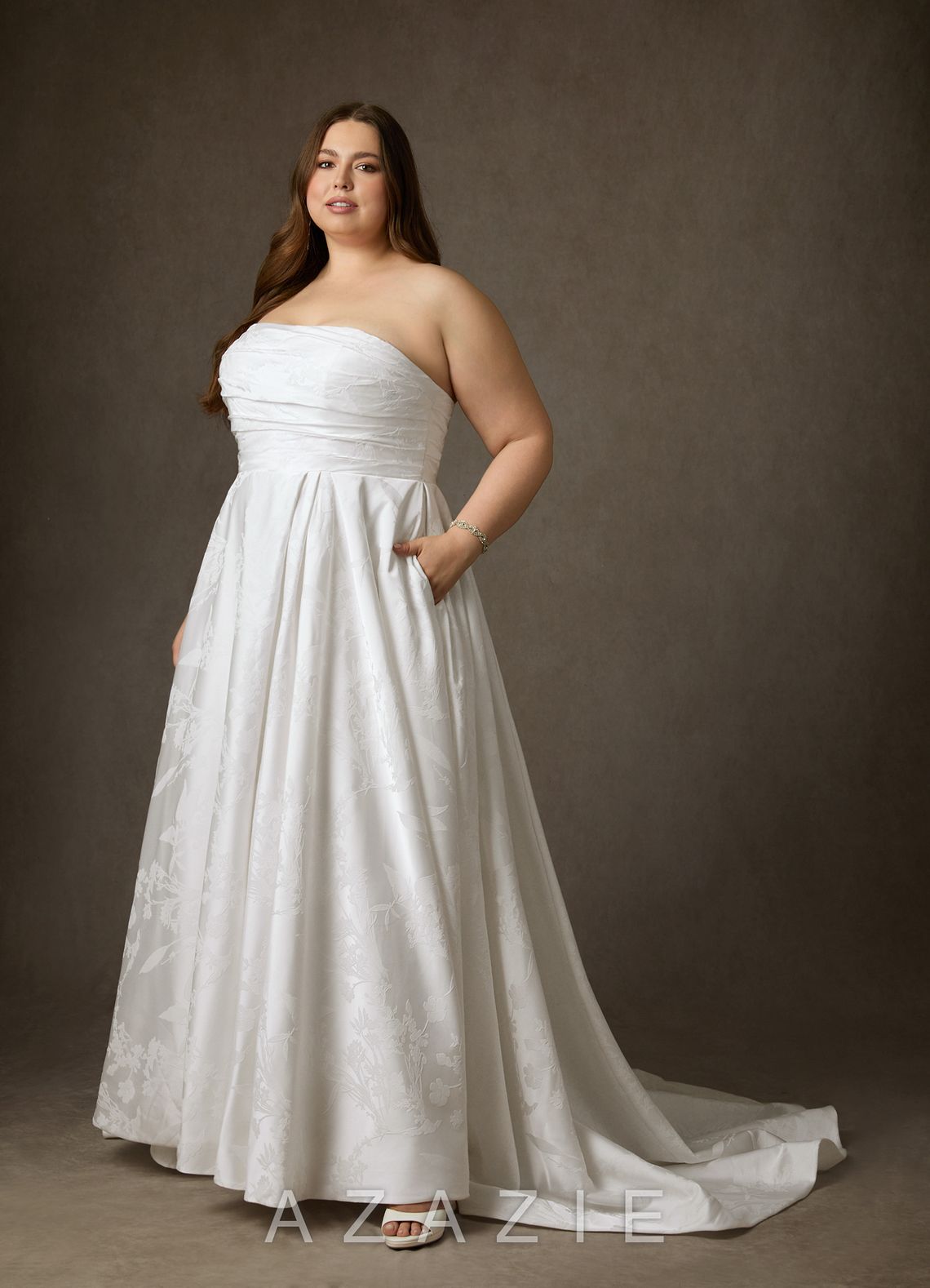 Azazie Daliah Diamond White A-Line Strapless Floral Jacquard Dress