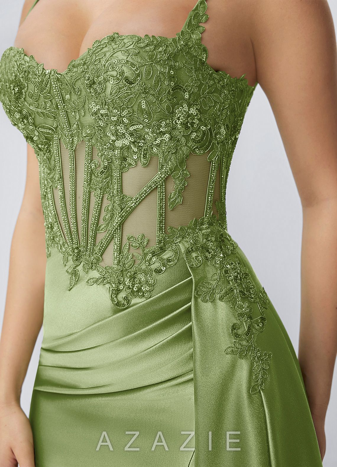Calisthenia Sage Stretch Satin Corset Lace Rhinestones Mini Dress