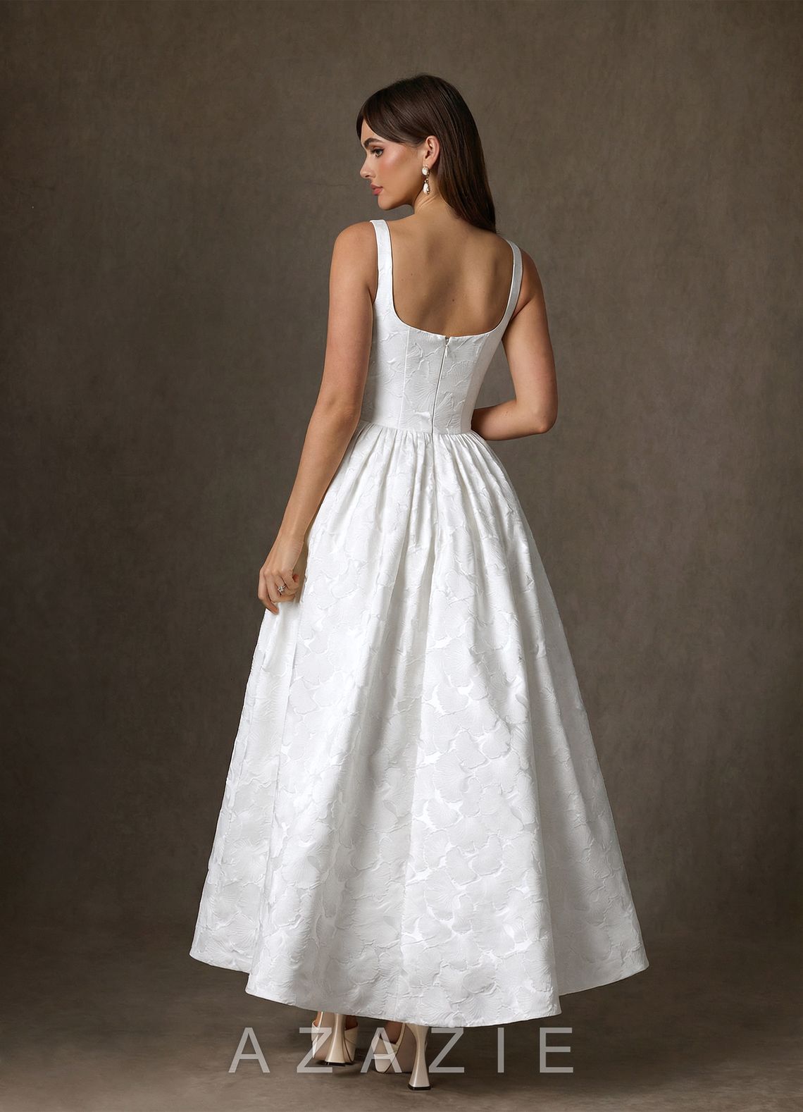 Azazie Verina Diamond White A-Line with Pockets Floral Jacquard Dress