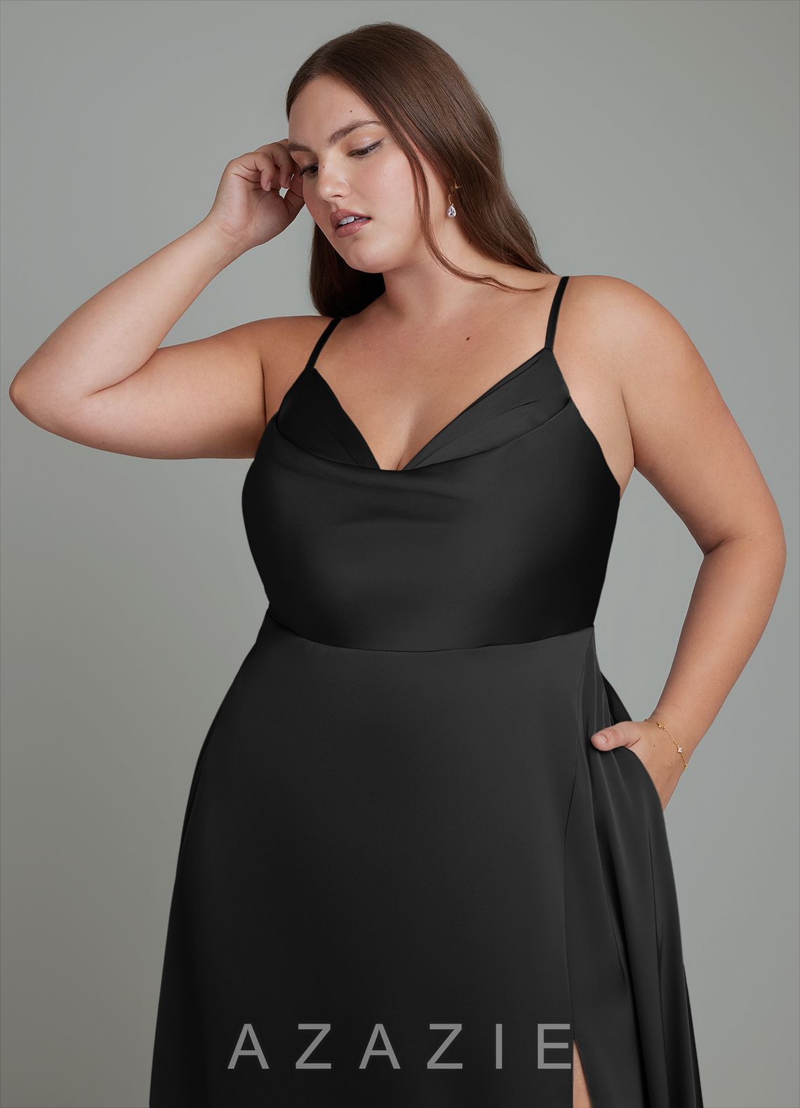 Azazie Sarella Black A-Line Pleated Stretch Satin Dress black