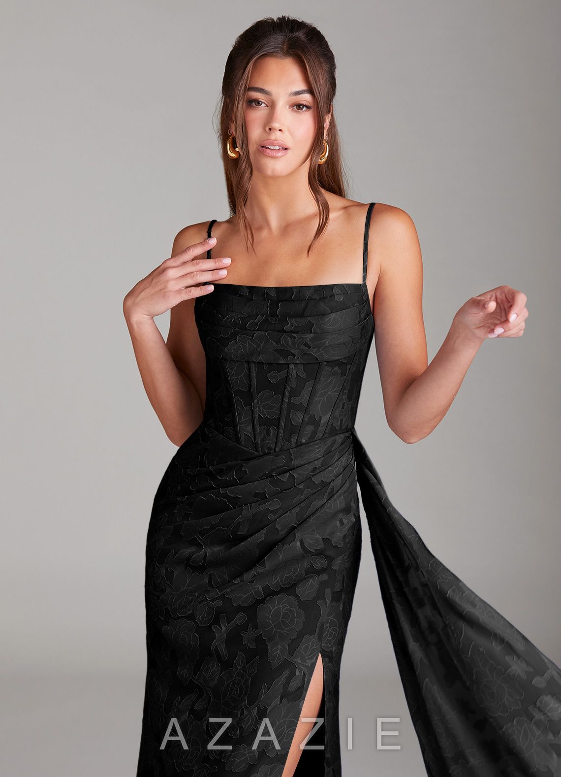 Azazie Denisa Black Sheath Pleated Floral Burnout Dress black