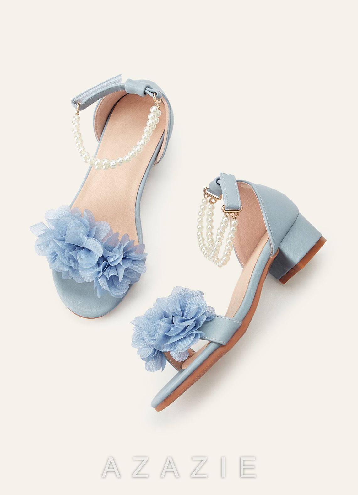 3D Chiffon Floral Pearl Ankle Strap Open Toe Flower Girl's Block Heels for Little & Big Kids  dusty_blue