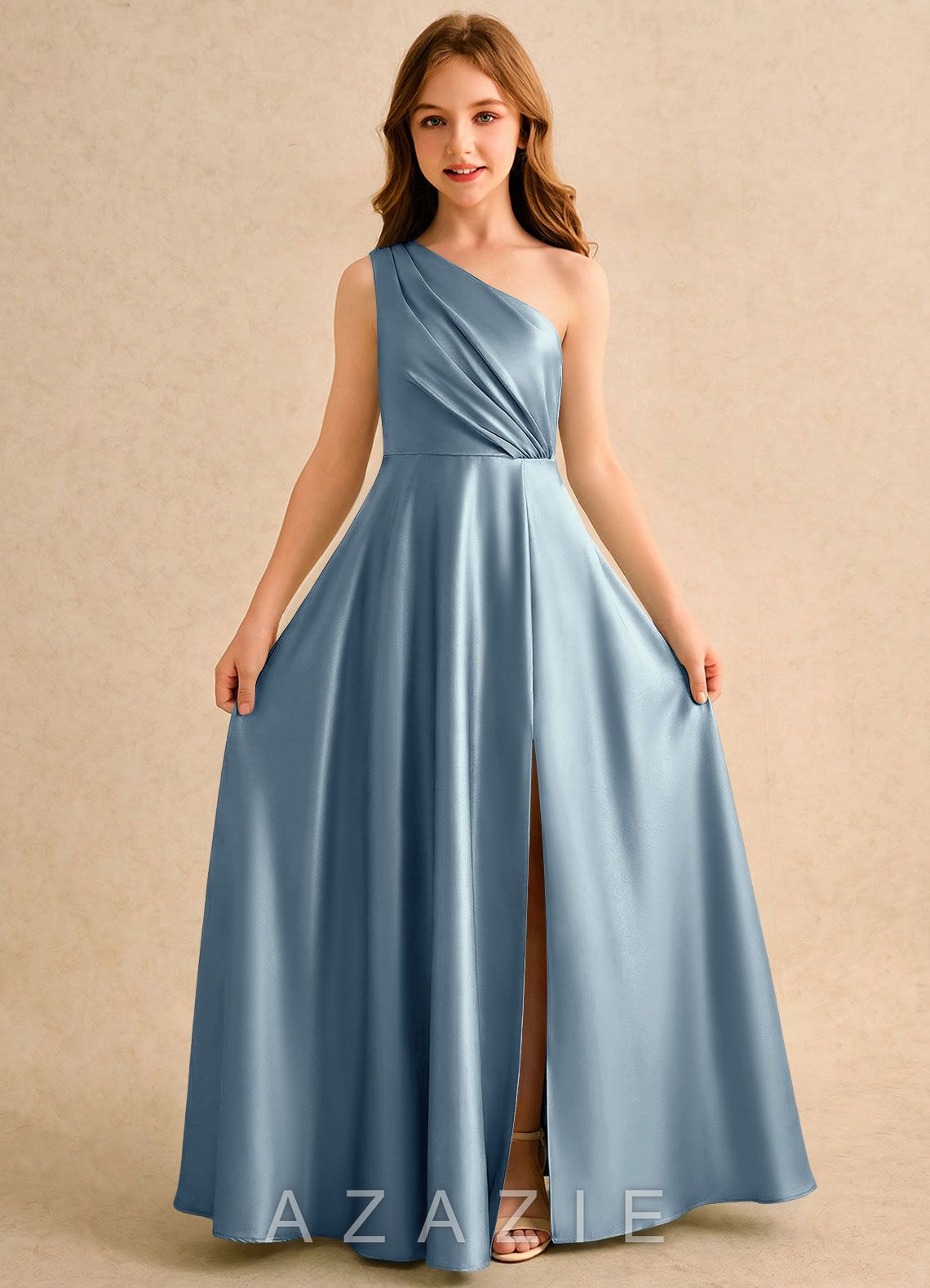 Azazie Puddles Girls Formal Dusty Blue A-Line One Shoulder Stretch Satin Dress dusty_blue