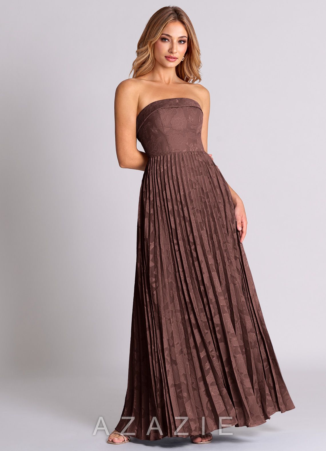 Azazie Mariana Espresso A-Line Strapless Floral Burnout Convertible Dress espresso