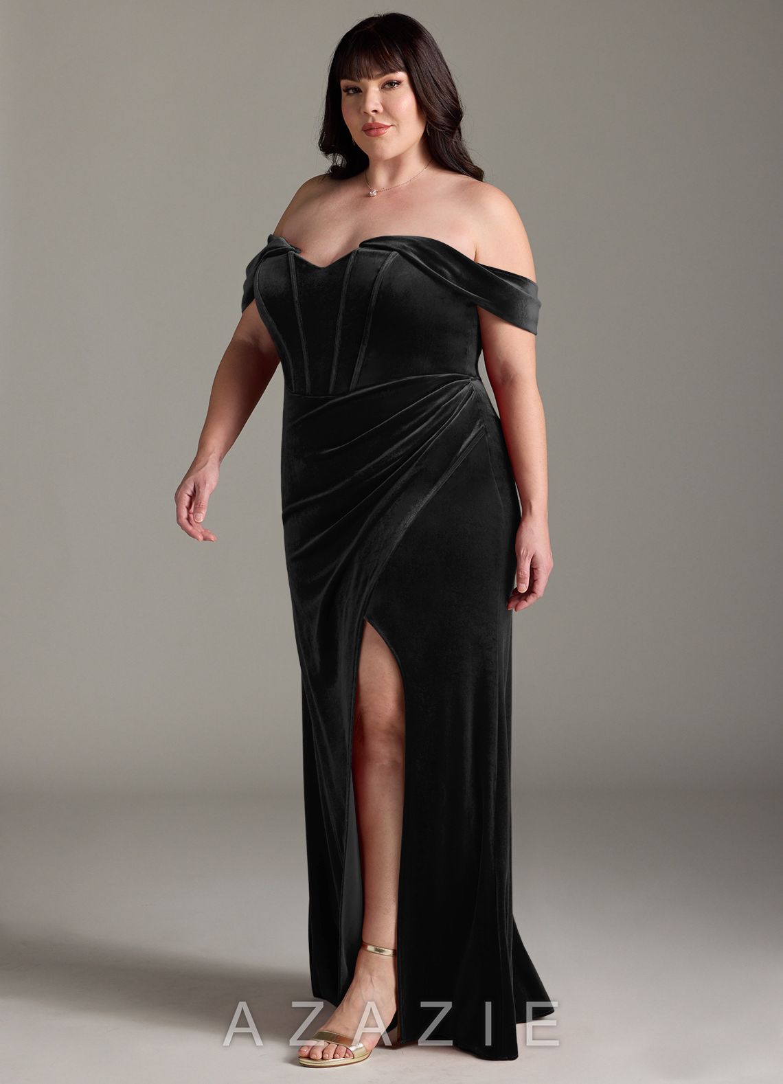 Azazie Jas Black Sheath Off-The-Shoulder Corset Velvet Convertible Dress black