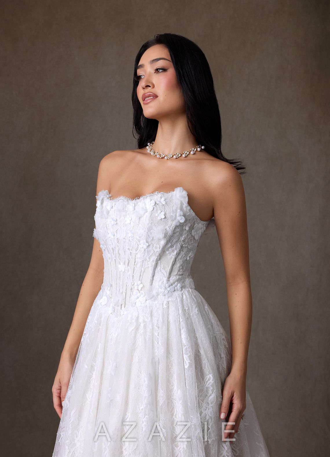 Azazie Vanessa Diamond White Ball-Gown Strapless Lace Dress diamond_white