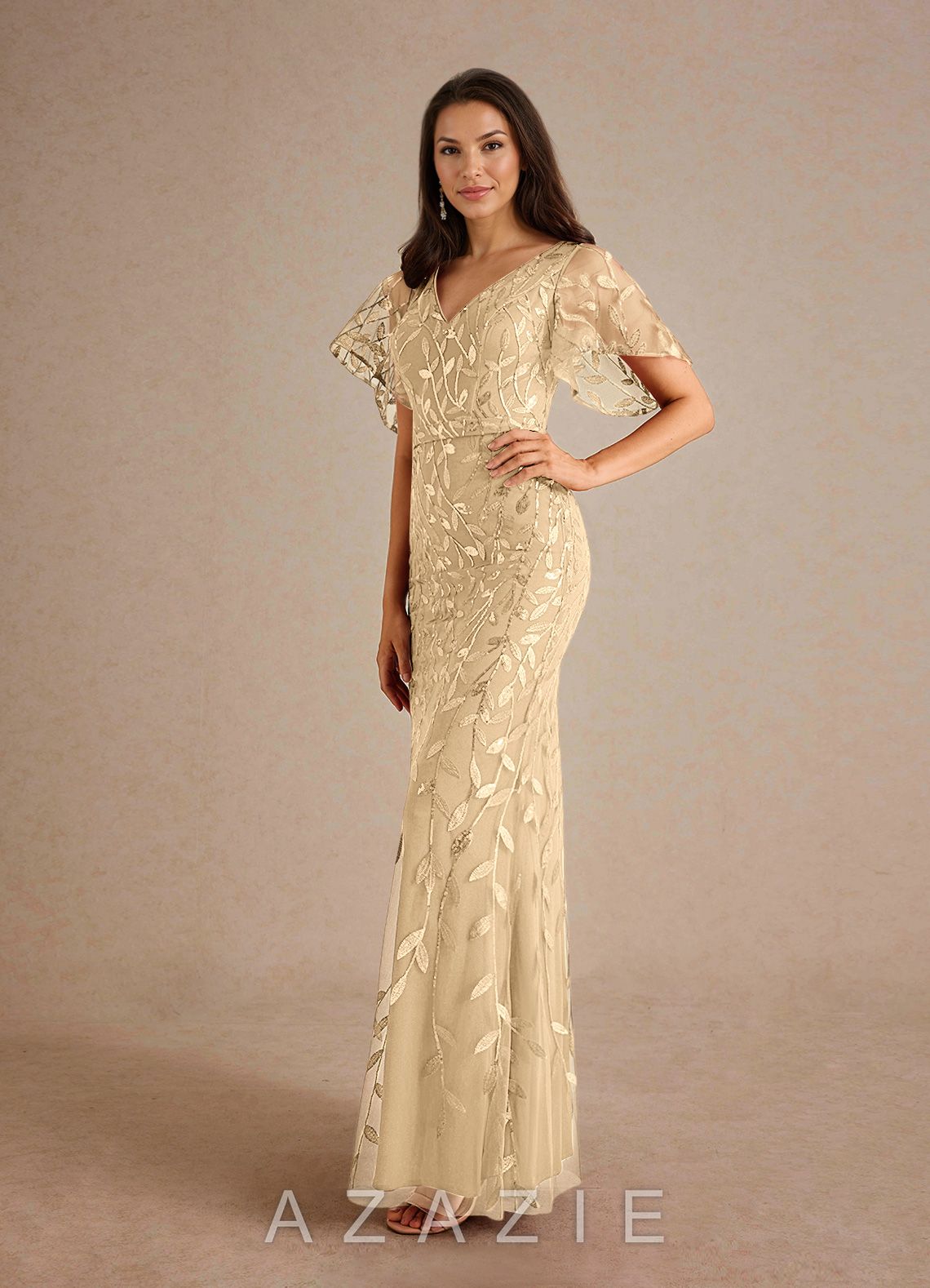 Azazie Milan Champagne Sheath Sequins Dress champagne